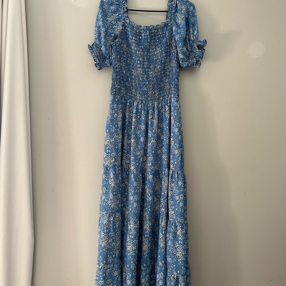 Max Studio Blue and White Smocked Maxi Dress